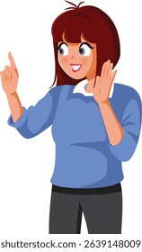 
Woman Speaking and Pointing her Finger Vector Illustration Character. Happy lady confessing a secret while explaining everything 

