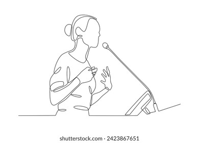 A woman is speaking in public. Business presentasi one-line drawing