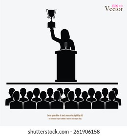 woman speaking,speaker,speech,speaker icon,speech icon,speaker vector,speech vector.woman with champion cup      