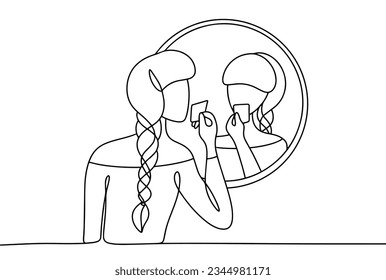 A woman speaks affirmations in front of the mirror. She sticks a sticker on the mirror. Raising awareness. Mindfulness Day. One line drawing for different uses. Vector illustration.
