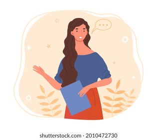 Woman speaks concept. Happy young character showing smth with hand. Businesswoman holds folder in her hands and tells important information. Cartoon flat vector illustration on a white background
