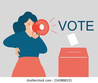Woman speaks into a megaphone. Activist female is calling people to vote. Strong girl invites the society to put the ballot paper into the box. Democracy, voting, suffrage women and election concept.