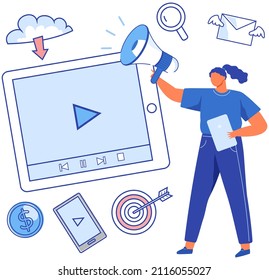 Woman speaks into megaphone. Female character shouts into loudspeaker to advertise. SMM, strategy to attract customers in network, social media marketing concept. Lady saying advertisement, promotion