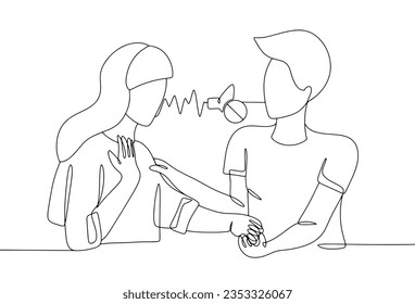 The woman speaks to the man, but he does not hear her. Lack of hearing. Conflict. International Day of Sign Languages. International Week of the Deaf. One line drawing for different uses. Vector.