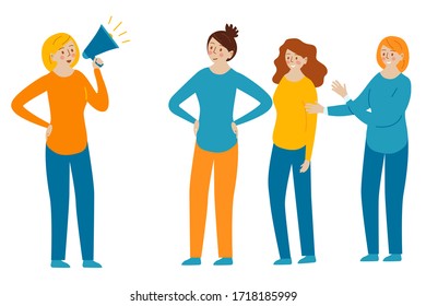 Woman speaks in a megaphone. Feminism concept. Vector illustration for landing page, template, ui, web, business promotion, advertising, call through the horn, online alerting