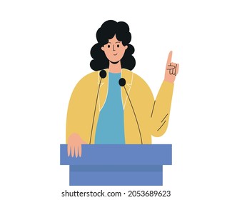 A woman speaks on the podium, a journalist. A politician, a representative of the organization answers questions from journalists, a candidate. The woman held up her finger. Podium with microphone