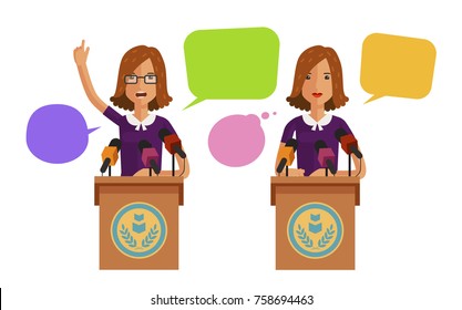 Woman speaks from podium, tribune. Business concept. Vector flat illustration