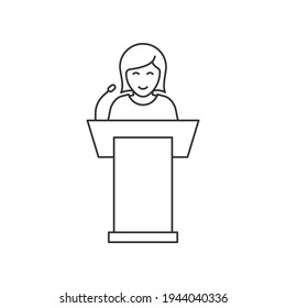 Woman speaks from podium tribune. Public speaking line icon concept isolated on white background. Vector illustration