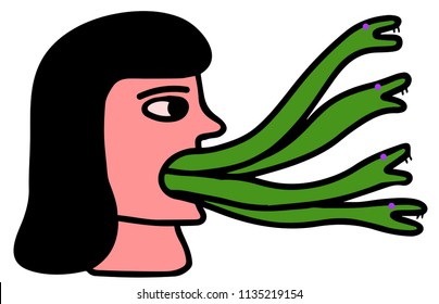 woman speaks and snakes come out of her mouth