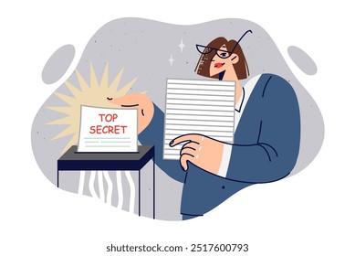 Woman special agent destroys top secret documents using paper shredder to combat information leaks. Secretary gets rid of classified contracts in secret, wanting to avoid punishment for tax fraud