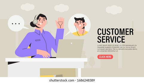 Woman specialist with microphone and headphones from customer service working on laptop in office helping a guest. Concept of  online support or assistance , call center or e-commerce banner.