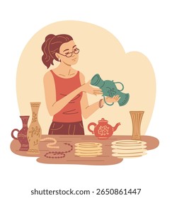 Mulher especialista estuda pratos vintage. Garota examina vaso antigo. Pratos, contas, jarras sobre a mesa. Coisas retrô loja para venda e colecionadores. Ilustração vetorial isolada no plano de fundo branco