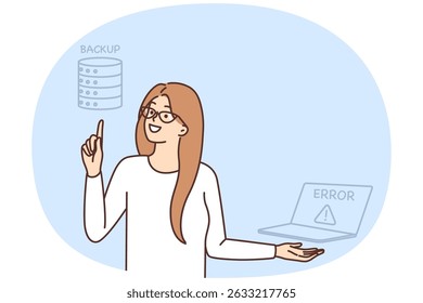 Mulher especialista em TI quer recuperar arquivos perdidos do backup após falha no notebook ou no servidor. Administrador de sistema feminino torna o backup informação importante