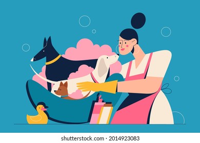 Woman specialist washes dogs of different breed in the bathhub. Flat vector illustration of bathing puppies, pet grooming, creating service. Trendy isolated closeup illustration.