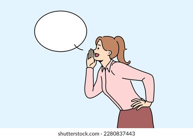 Woman with speech bubble above head make announcement about offer or deal. Smiling girl make megaphone hand gesture announce about promotion. Vector illustration. 