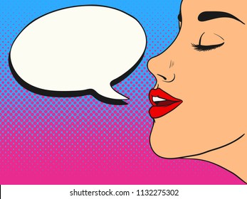 Woman with speech bubble. Comic style. Pop Art vintage vector illustration
