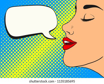 Woman with speech bubble. Comic style. Pop Art vintage vector illustration
