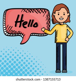 woman and speech bubble with hello message