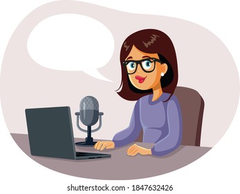 Woman with Speech Bubble Holding a Podcast. Female audio show host presenting an entertainment program
