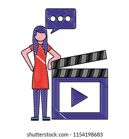 woman speech bubble and movie clapperboard
