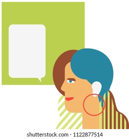 Woman and speech bubble, portrait in geometric modern style.  Vector fashion illustration with girl face in simple shapes.