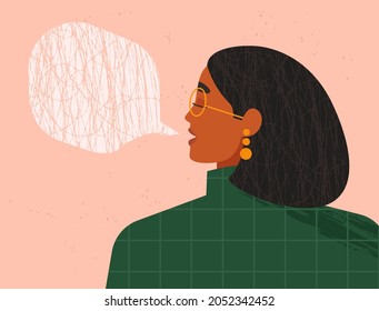 Woman with a speech bubble. Portrait of a young beautiful girl talking, saying something. Expressing opinion, communication concept. Side view of an attractive female face. Trendy vector illustration