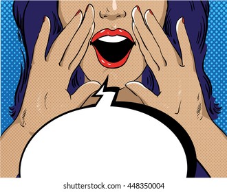 Woman with speech bubble in retro pop art style. Girl screaming template comic vector illustration. Face with open mouth.