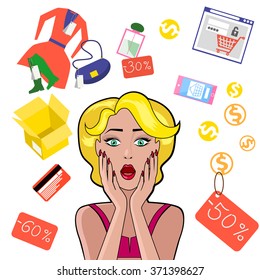 Woman speech bubble sale design flat. Woman and speech, bubble, sale woman shopping, comic female, art girl, vintage speech bubble, cartoon woman, retro beauty woman, open mouth sale discount clothes
