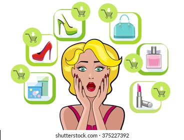 Woman speech bubble sale design flat. Woman and speech, bubble, sale woman shopping, comic female, art girl, vintage speech bubble, cartoon woman, retro beauty woman, open mouth sale discount clothes