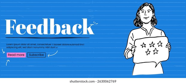 Woman speech bubble star five 5 feedback sketch scribble banner. Customer review, satisfaction and positive opinion in handdrawn cartoon style.