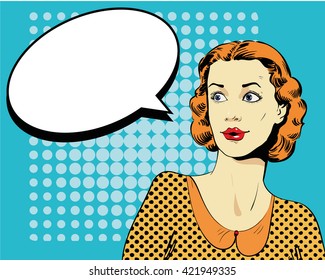 Woman with speech bubble. Vector illustration in comics retro pop art style.