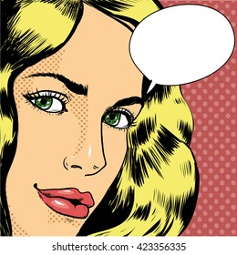 Woman with speech bubble. Vector illustration in retro pop art comic style.