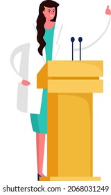 Woman speech research fellow, female doctor stand behind podium with scientific report cartoon vector illustration, isolated on white.