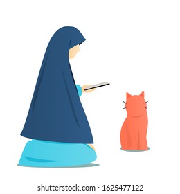 Woman spend time with cat