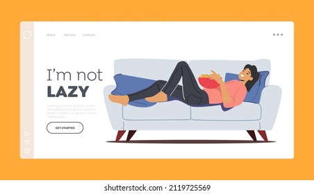 Woman Spend Time at Home Relaxing, Procrastination Landing Page Template. Lazy Female Character Lying on Coach in Living Room, Eating Junk Food During Weekend. Cartoon People Vector Illustration