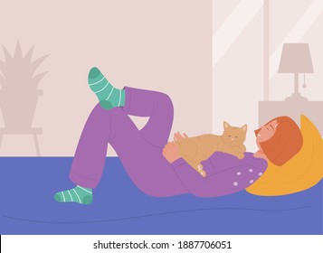 Woman spend time with pet vector illustration set. Cartoon young happy pet owner love and play own cat, loving domestic animal friends