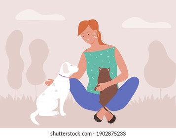 Woman spend time with pets vector illustration. Cartoon young happy pet owner love and paly with own dog and cat, loving domestic animal friends