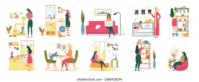 Woman Spending Time with Cat in Every Day Life. Kitten Playing with Claw Point, Girl Sitting on Sofa with Pet. Kitchen Interior Wsahing up with Domestic Animal. Playing Chess Vector Illustration.