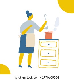 Woman  spending time at home flat vector illustration. woman cooking in the kitchen
