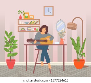 Woman spending time at home vector, guitarist with acoustic instrument. Houseplant growing in pot, room interior with plants and shelves and books