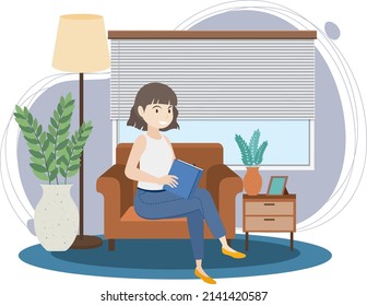 A woman spending time in the living room   illustration