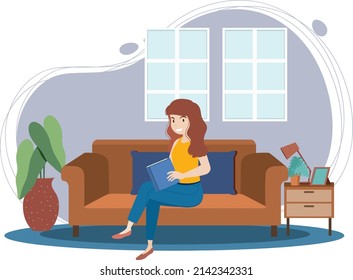 A woman spending time in the living room   illustration