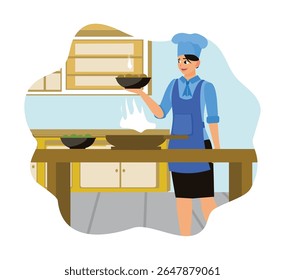 Uma mulher passa o tempo livre em casa. Cozinhar comida fresca na cozinha usando um avental e um chapéu de chef.