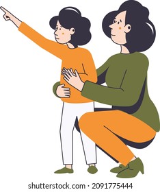 A woman spends leisure time with her child in the fresh air. Vector illustration of a family on a walk.