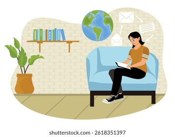 A woman spends time online. Sending messages on social networks. Flat vector illustration.