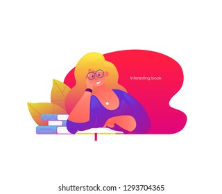 A woman spends time reading an interesting book. The girl is immersed in the interesting story of the author. A vivid illustration of the educational process.