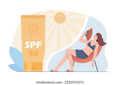 Woman with SPF cream. Young girl with hand fan and suntan. Natural cosmetics to protect skin from ultraviolet rays. Tourist in hot weather. Flat vector illustration isolated on white background