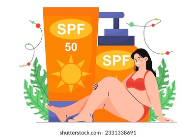 Woman with spf shield suntan concept. Girl in swimsuit on background of cosmetic products to protect skin from ultraviolet radiation. Beauty procedures, sunbathing. Cartoon flat vector illustration