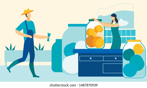 Woman Spins Lid on Bank Can Fruits From Garden. Man Farmer Going to Woman. Vector Illustration. Natural Products. Farm Harvest. Grow Vegetables Fruits. Family Business. Bank with Can Fruits on Table.