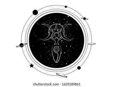 Woman Spiral Goddess Of Fertility And Triple Moon Wiccan. The Spiral Cycle Of Life, Death And Rebirth. Wicca Pentacle,  Mother Earth Symbol Of Sexual Procreation, Vector Tattoo Sign Icon Isolated  